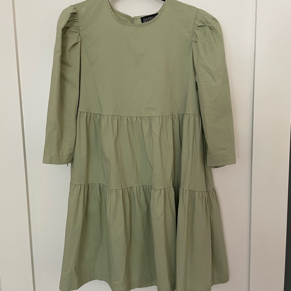 Danielle Bernstein WeWoreWhat Sage Green Babydoll Tiered Mini Dress